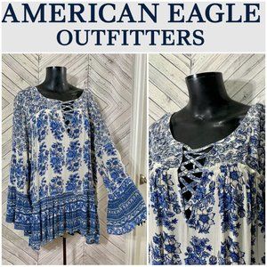 AEO XL  navy cream boho tunic blouse